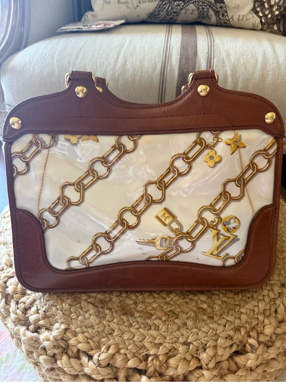 Louis Vuitton Brown & White Chain-Print Satchel with Gold Hardware - Picture 3 of 6